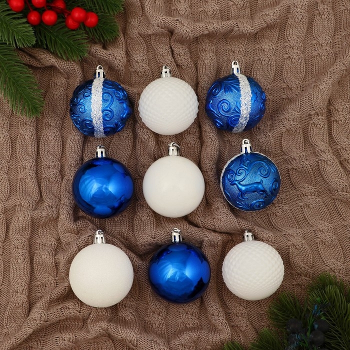 Набор шаров пластик d-5,5 см, 9 шт Набор шаров пластик d-5,5 см, 9 шт "Полночь" завитки, синий белый