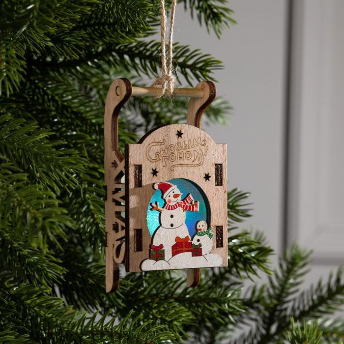 Ёлочная игрушка «Сани со снеговиком», от батареек, свечение RGB Ёлочная игрушка «Сани со снеговиком», от батареек, свечение RGB