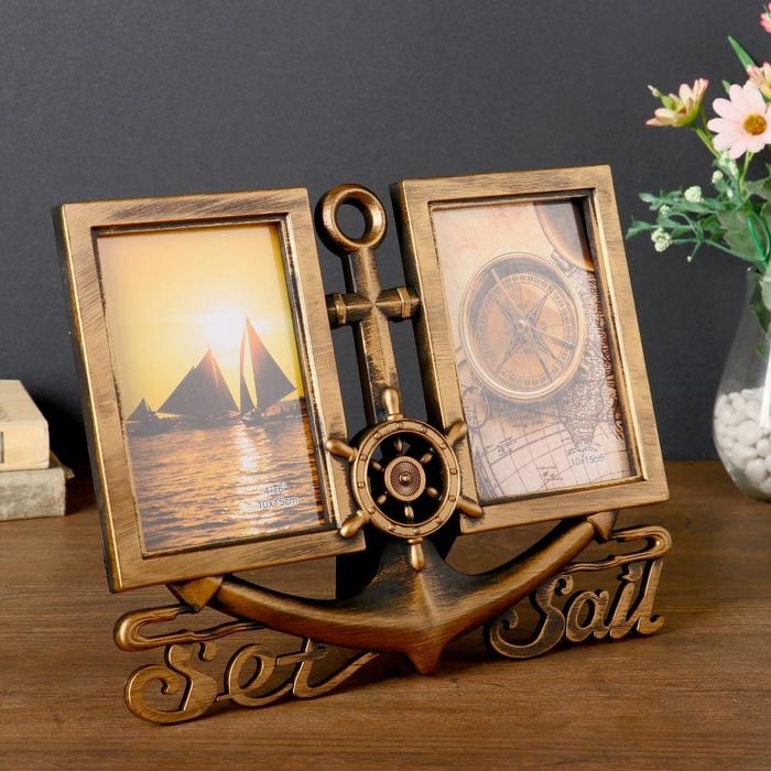 Фоторамка пластик на 2 фото 10х15 см  Фоторамка пластик на 2 фото 10х15 см "Якорь" тёмное золото 23х29 см