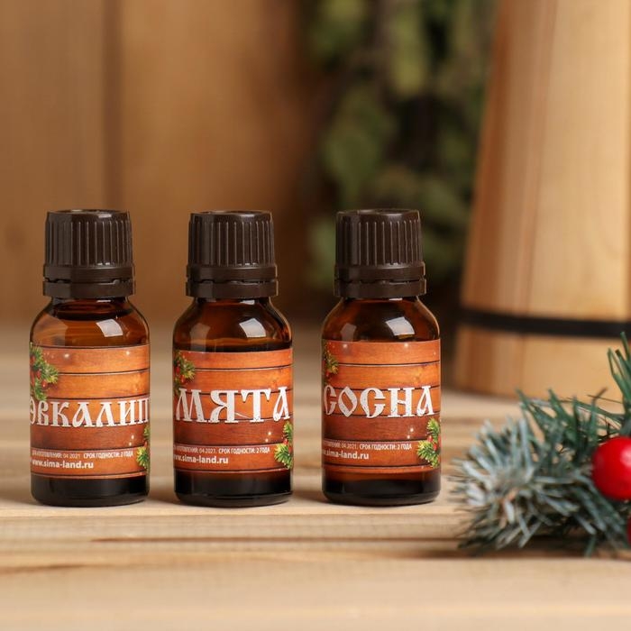 Набор эфирных масел 3 шт по 15 мл, сосна, эвкалипт и мята Набор эфирных масел 3 шт по 15 мл, сосна, эвкалипт и мята "С Новым годом! С легким паром!"