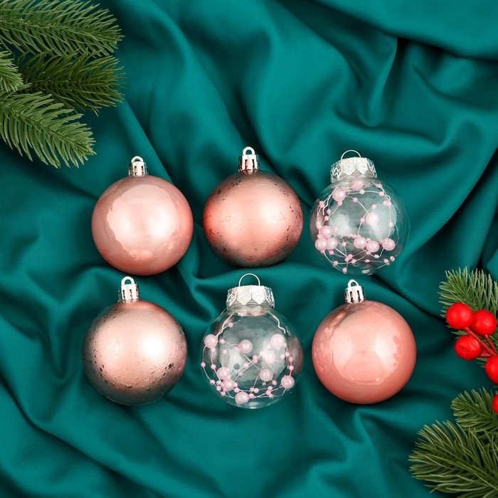 Набор шаров пластик d-6 см, 6 шт Набор шаров пластик d-6 см, 6 шт "Мэдисон" бусинки, розовый