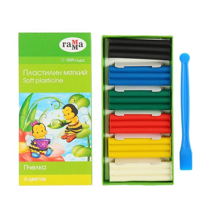 Пластилин мягкий (восковой) 6 цветов 90 г Гамма  Пластилин мягкий (восковой) 6 цветов 90 г Гамма "Пчелка", со стеком, картонная упаковка 280029Н