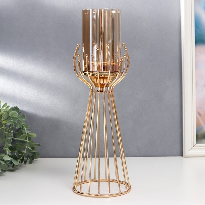 Подсвечник металл на 1 свечу "Каркас с золотыми шариками" золото 37х12х12 см