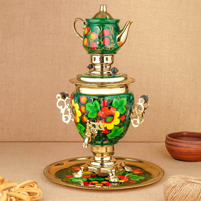 Набор «Маки на зелёном», жёлудь, 3 предмета, самовар 3 л, заварочный чайник 0,7 л, поднос Набор «Маки на зелёном», жёлудь, 3 предмета, самовар 3 л, заварочный чайник 0,7 л, поднос