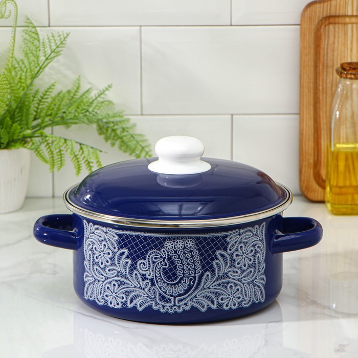 Кастрюля эмалированная «Вологодское кружево», 3 л, индукция, цвет синий Кастрюля эмалированная «Вологодское кружево», 3 л, индукция, цвет синий