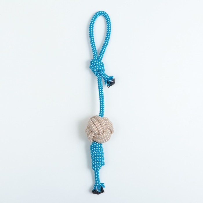 Игрушка канатная плетеная с ручкой, до 40 см, 90 г, синяя/жёлтая/белая Игрушка канатная плетеная с ручкой, до 40 см, 90 г, синяя/жёлтая/белая