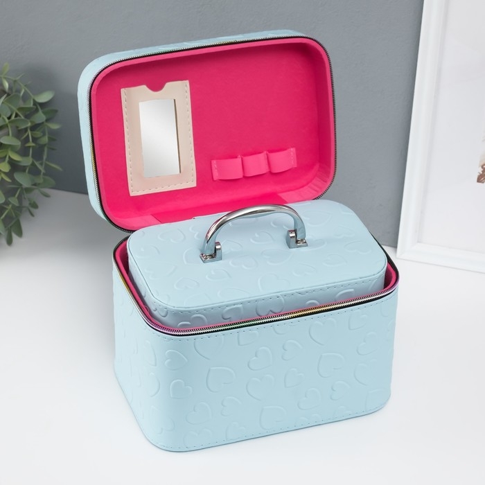 Шкатулка кожзам с зеркалом Шкатулка кожзам с зеркалом "Сердца" св-голубая набор 3 шт 19х10,5х10,5 21х13х14 15х23х17 см