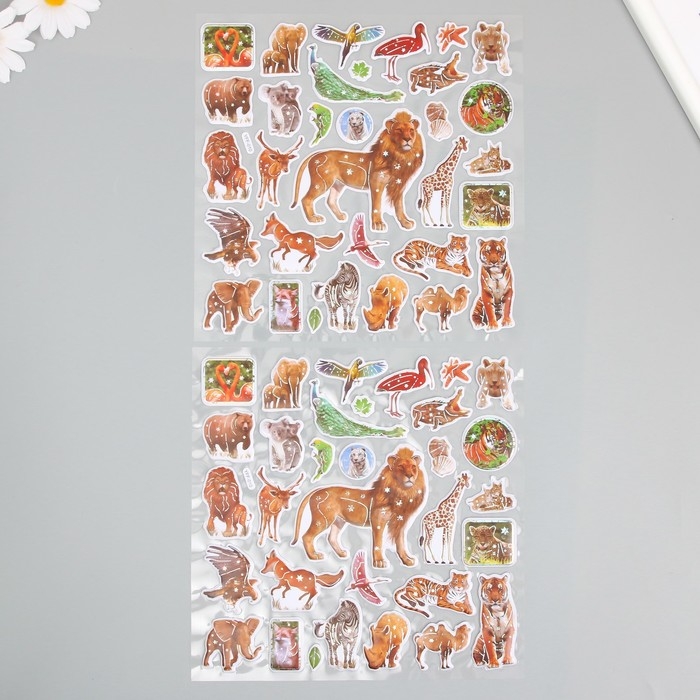 Наклейка пластик выпуклые Наклейка пластик выпуклые "Звери и птицы" МИКС 2 листа 33,5х21,7 см