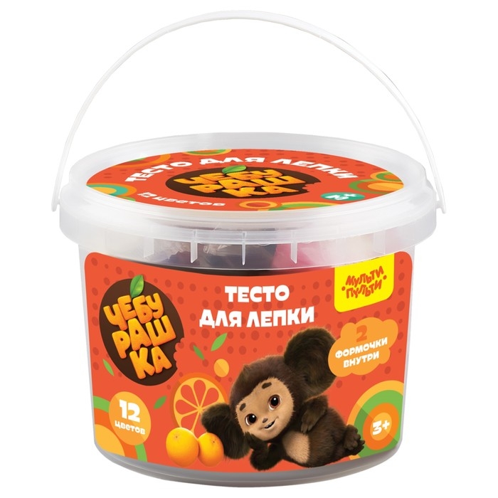 Тесто для лепки 12 цветов по 30 г Мульти-Пульти  Тесто для лепки 12 цветов по 30 г Мульти-Пульти "Чебурашка", пластиковое ведро + 2 формочки, корекс