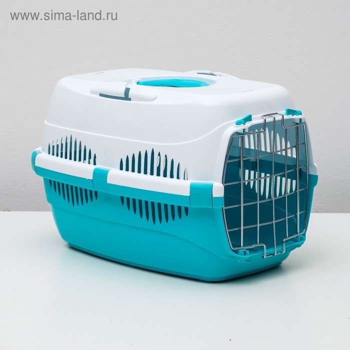 Переноска для животных до 9 кг  Переноска для животных до 9 кг "Пижон", металлическая дверь, 43х29х27,5 см, бело-бирюзовая