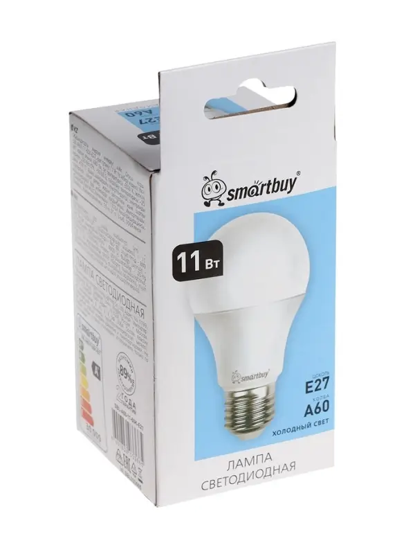 Лампа светодиодная Smartbuy, E27, A60, 11 Вт, 6000 К, свечение холодное белое