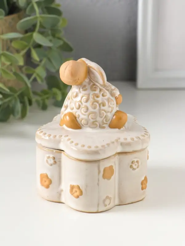 Шкатулка керамика "Кудряш бараш" беж 7,9х7,9х9,5 см