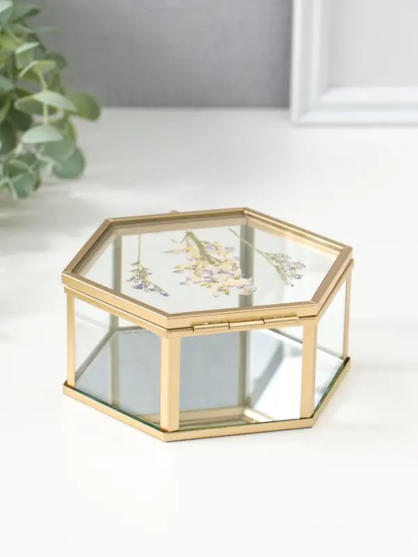 Шкатулка стекло с металлическим каркасом "Сухоцветы" многогранник 11,3х13х5,7 см