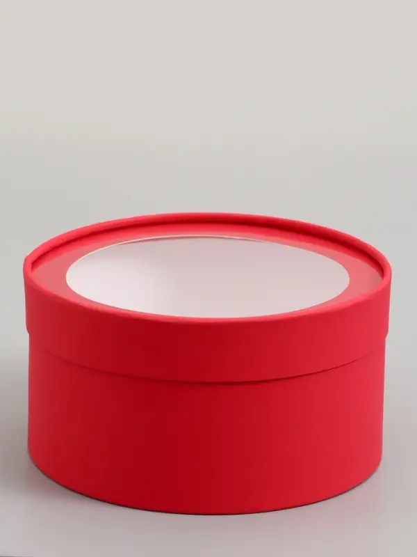 Подарочная коробка круглая, красная, завальцованная с окном, 21&times;11 см