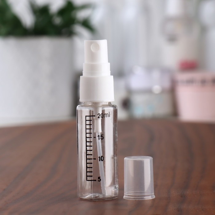 Бутылочка для хранения, с распылителем, со шкалой деления, 20 мл, цвет белый/прозрачный Бутылочка для хранения, с распылителем, со шкалой деления, 20 мл, цвет белый/прозрачный