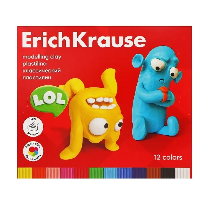 Пластилин ErichKrause Jolly Friends, 12 цветов, 216 г, со стеком, в картонной упаковке