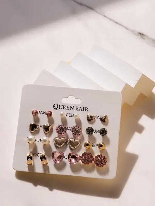 Серьги пусеты 12 пар &laquo;Фантазия&raquo;, сердца, бело-розовый в золоте