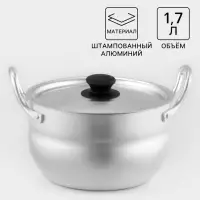 Кастрюля, 1.7 л, d=16 см, с крышкой, штампованный алюминий, серебристая