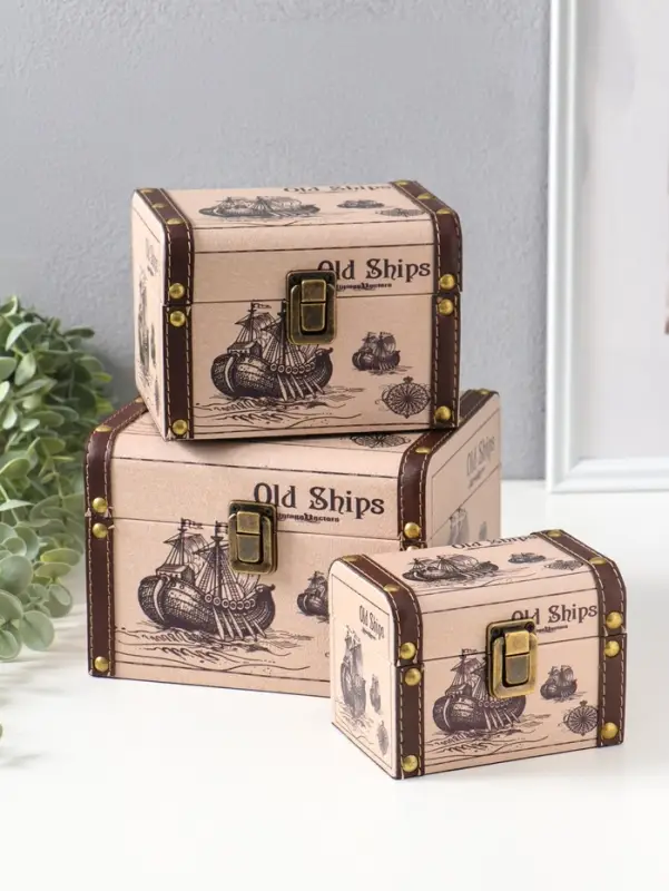 Шкатулка дерево "Старый корабль" набор 3 шт 8,5х12х8,5 12,5х15х11,5 18х15,5х13 см