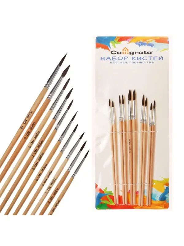 Набор кистей для рисования, пони, 10 штук: № 1, 2, 3, 4, 5, 6, 7, 8, 9, 10, круглые, деревянная ручка, международный размер