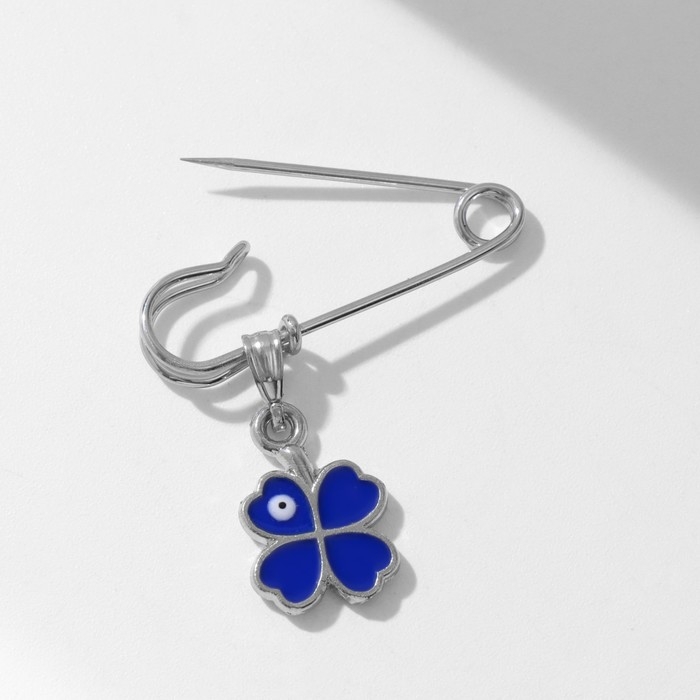 Булавка-оберег «Клевер» с глазком, 3,5 см, цвет синий в серебре