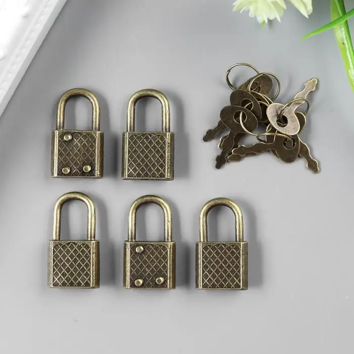 Замочек с ключиком для шкатулки, металл, набор 5 шт., бронза, 3.1&times;1.7 см