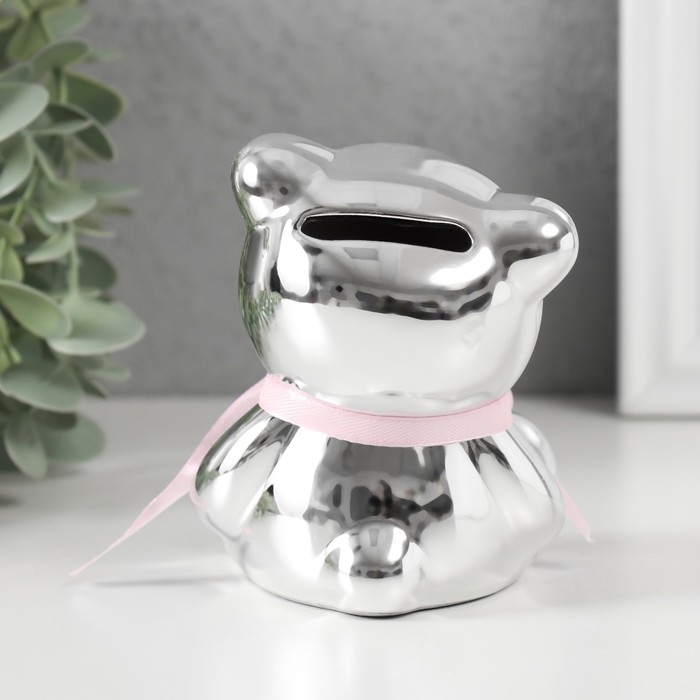 Копилка керамика Копилка керамика "Мишутка с бантиком" серебро 9х8х9,8 см
