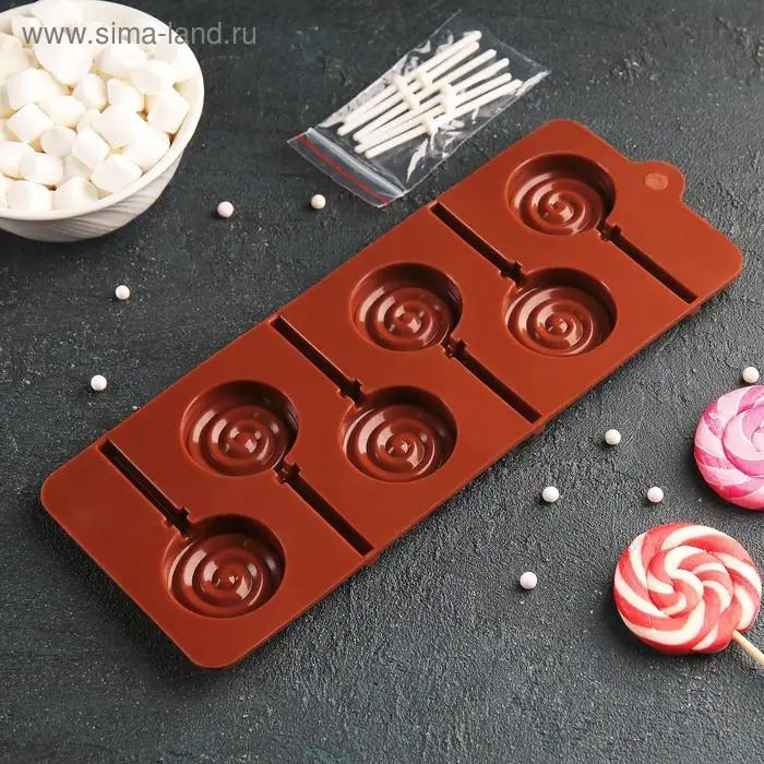 Форма для леденцов Доляна «Леденец», силикон, 9.5×24 см, 6 ячеек (8.2×3.9 см), с палочками, МИКС Форма для леденцов Доляна «Леденец», силикон, 9.5×24 см, 6 ячеек (8.2×3.9 см), с палочками, МИКС