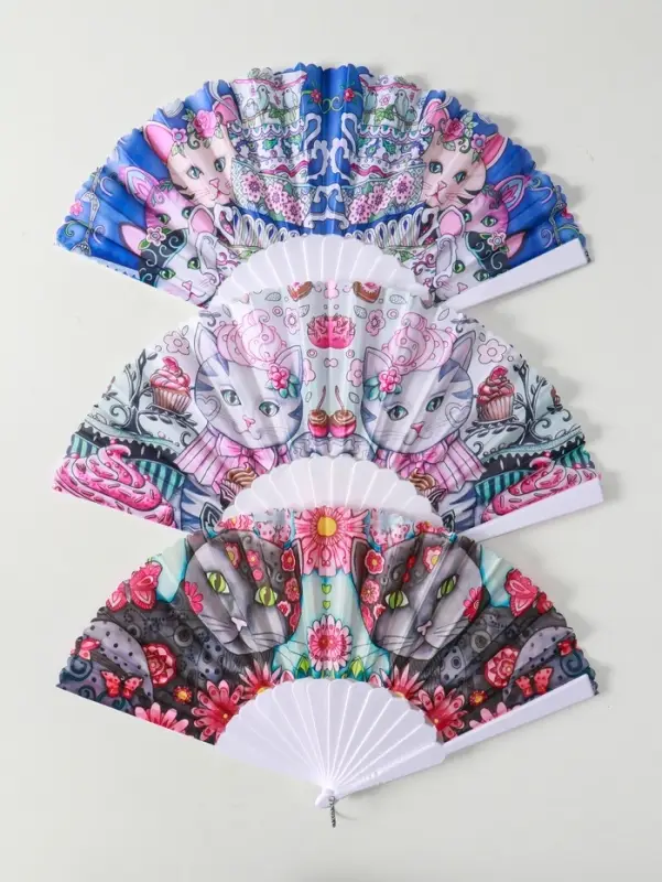 Веер пластик, текстиль Веер пластик, текстиль "Котики. Цветочная абстракция" МИКС широкие лопасти 23 см