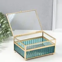 Шкатулка стекло с металлическим каркасом  "Линии по низу" голубая 14х18х9,5 см