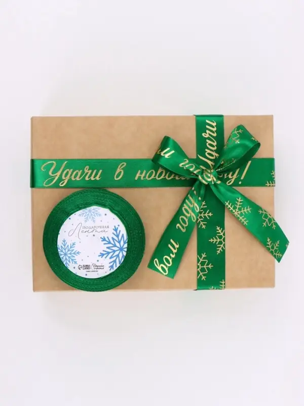 Лента атласная с тиснением &laquo;Удачи в Новом году!&raquo;, 25 мм, 23&plusmn;1 м, зелёная