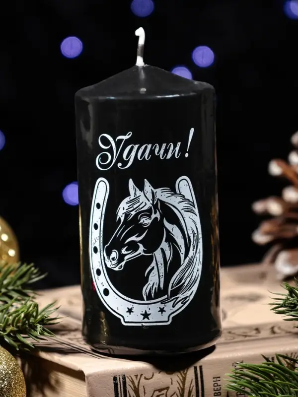 Свеча столб 50*100 мм с накаткой "Символ года" , Подкова, черная