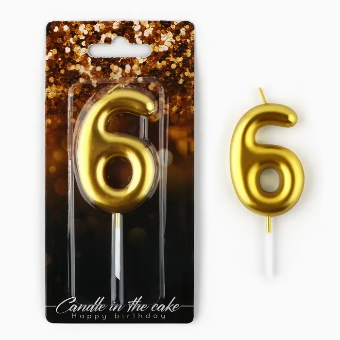 Свеча для торта, цифра &laquo;6&raquo;, золото, 9,5 х 4 см