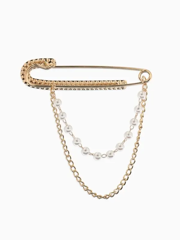 Булавка &laquo;Блеск&raquo; в стразах, цепочка, жемчуг, L=7.5 см, цвет белый в золоте