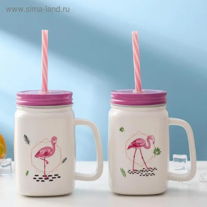 Кружка керамическая с металлической крышкой и трубочкой «Фламинго», 450 мл, цвет МИКС Кружка керамическая с металлической крышкой и трубочкой «Фламинго», 450 мл, цвет МИКС