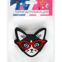 Термоаппликация «Кот в очках», 6×6 см, чёрная
