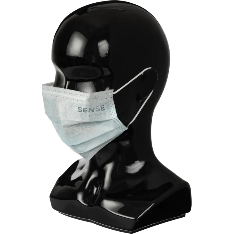 Маска медицинская 3-х сл., мельтб, резинки, голубая Sense, картон 50шт/уп