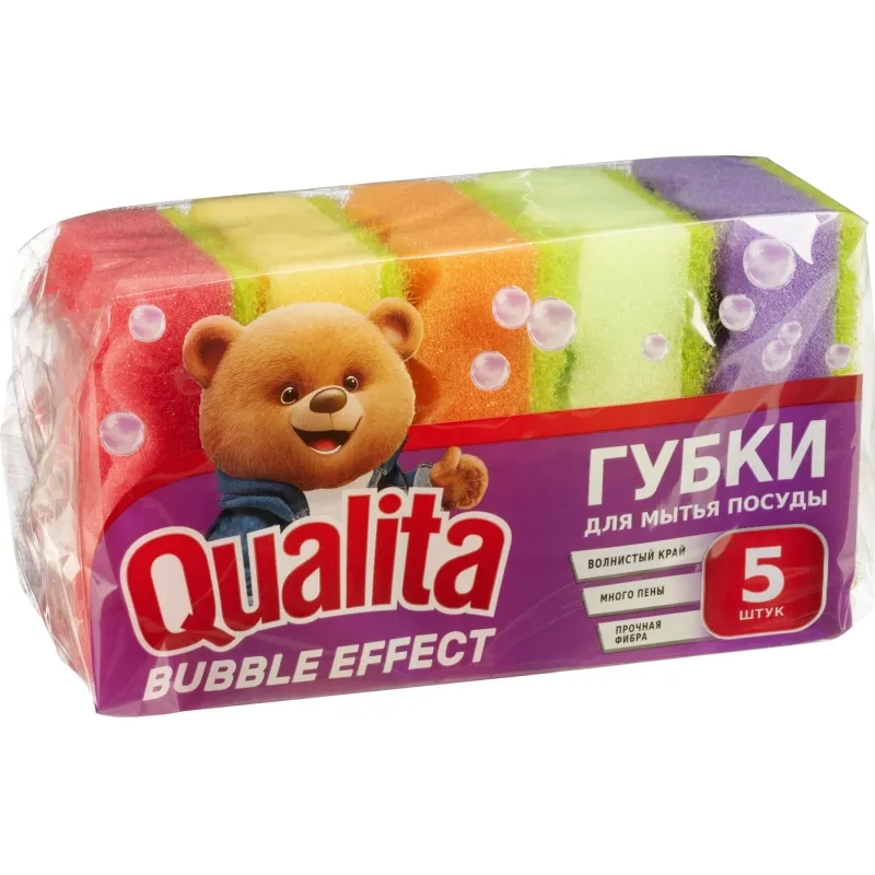 Губки для мытья посуды QUALITA BUBBLE EFFECT 100х66х37мм 5 шт/уп