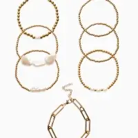 Браслет жемчуг "Барочный с цепями" (набор 7шт) , цвет белый в золоте