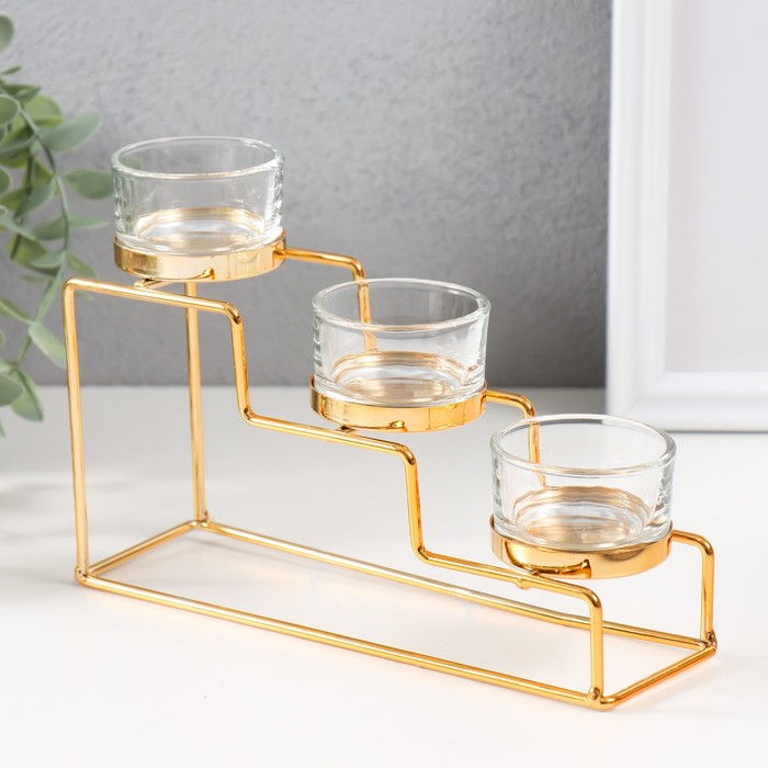 Подсвечник металл, стекло на 3 свечи "Лестница" золото 20х6х10 см