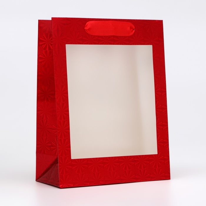 Пакет подарочный, фольгированный, упаковка, с окном,  Пакет подарочный, фольгированный, упаковка, с окном, "Красный", S 23,5 х18 х 8,5 см