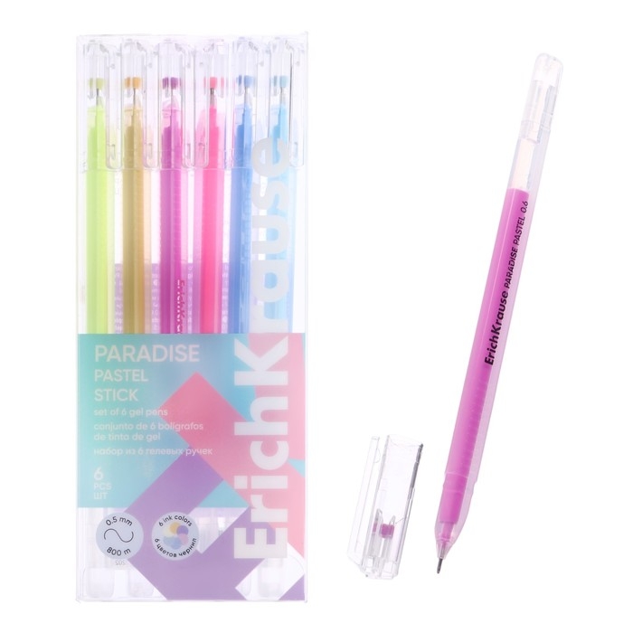 Набор ручек гелевых 6 цветов, ErichKrause Paradise Stick Pastel, игольчатый узел 0.6 мм, пастель, МИКС