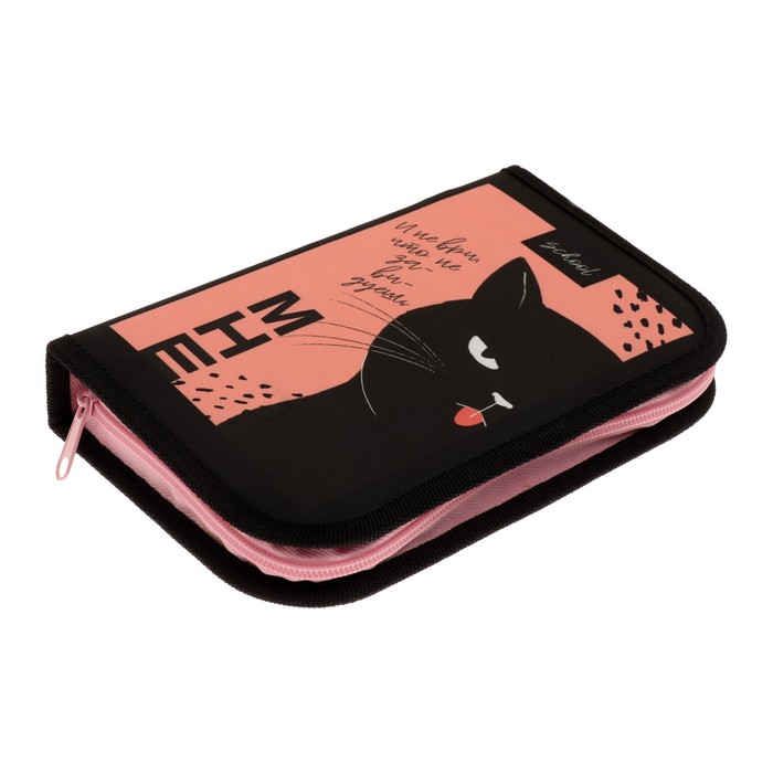 Пенал 1 секция, 130 х 210 х 40 мм, 2 откидные планки, тканевый, Calligrata TOP, Content Пенал 1 секция, 130 х 210 х 40 мм, 2 откидные планки, тканевый, Calligrata TOP, Content "Кот", чёрный