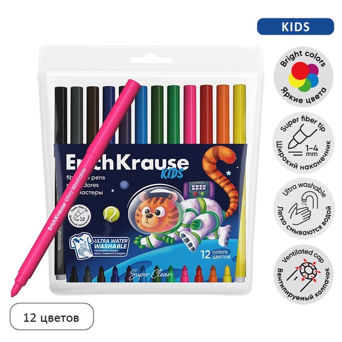 Фломастеры 12 цветов, ErichKrause,  Фломастеры 12 цветов, ErichKrause, "Kids Space Animals" микс
