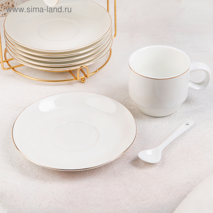 Сервиз чайный керамический на металлической подставке «Бланш», 19 предметов: 6 чашек 170 мл, 6 блюдец 13,5 см, 6 ложек, цвет белый Сервиз чайный керамический на металлической подставке «Бланш», 19 предметов: 6 чашек 170 мл, 6 блюдец 13,5 см, 6 ложек, цвет белый