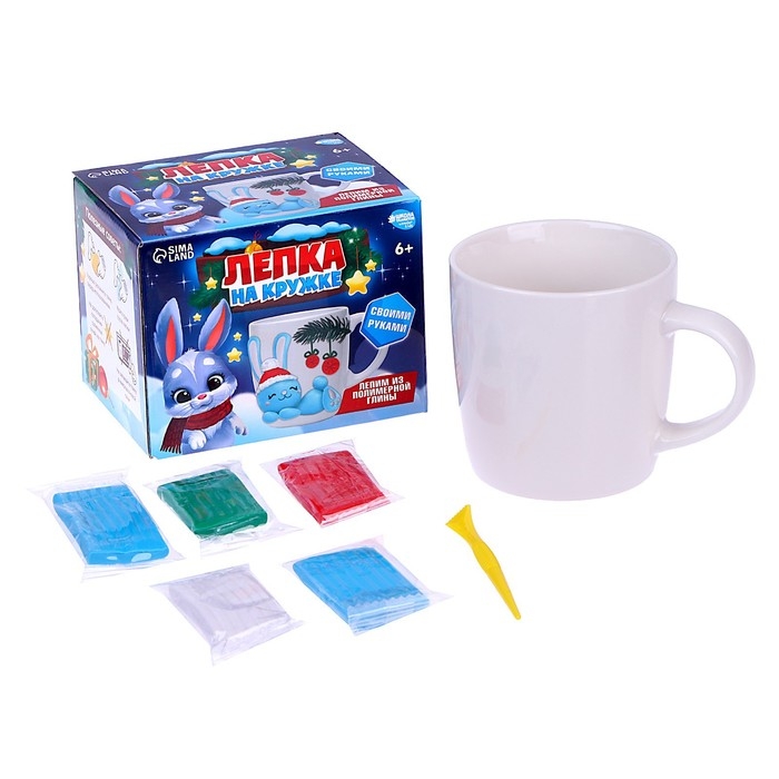 Декор кружки полимерной глиной на новый год &laquo;Голубой зайка&raquo;, новогодний набор для творчества