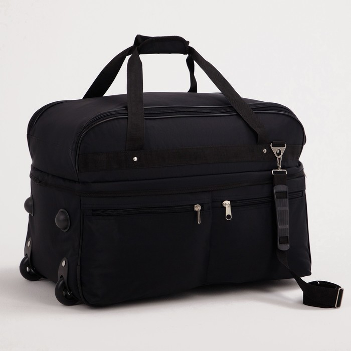 Сумка дорожная на колёсах, отдел на молнии, с увеличением, 2 наружных кармана, длинный ремень, цвет чёрный Сумка дорожная на колёсах, отдел на молнии, с увеличением, 2 наружных кармана, длинный ремень, цвет чёрный