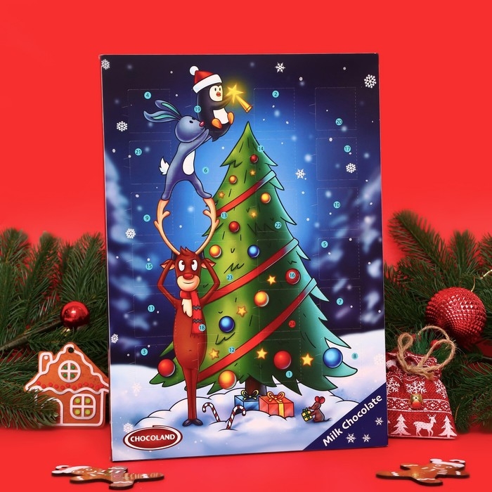 Новый год. Адвент-календарь с мини-плитками из молочного шоколада Новый год. Адвент-календарь с мини-плитками из молочного шоколада "Новогодний олень", 50 г
