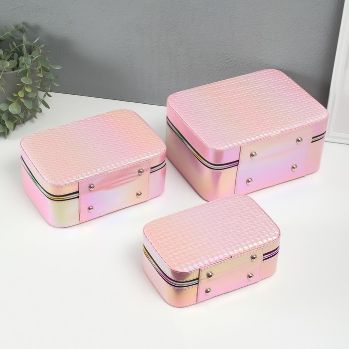 Шкатулка кожзам с зеркалом Шкатулка кожзам с зеркалом "Плетение" розовая н-р 3 шт 19,4х12,5х8 22х16х9 11,5х24,5х18,5 см