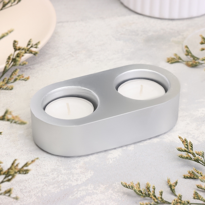 Подсвечник Подсвечник "Мрамор" из гипса для двух свечей овальный, 12х6х3см, серебро